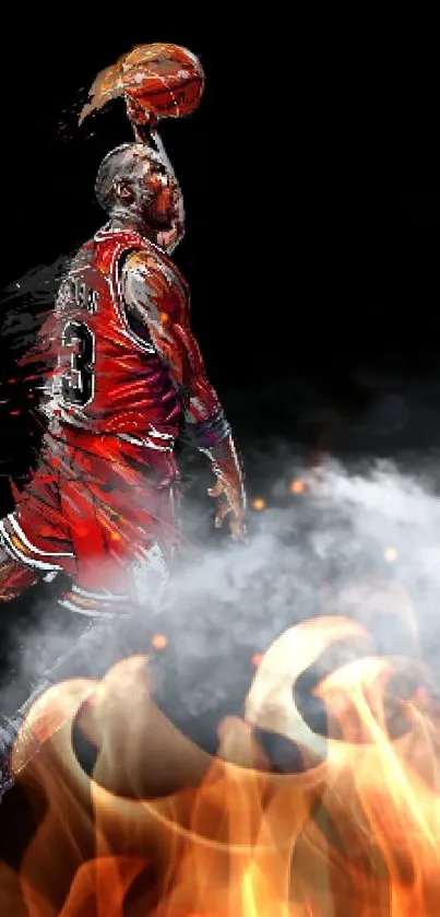 Basketball player dunking with fiery effects and black background.