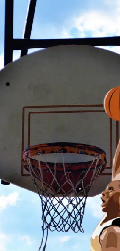 Basketball player dunks ball against blue sky.