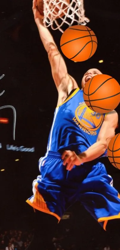 Basketball player performing a stunning slam dunk in a dynamic sports scene.