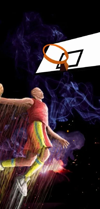 Basketball player dunking with vibrant colors and dynamic motion.