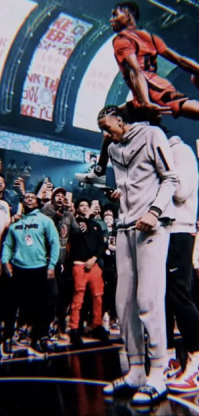 Basketball player mid-air dunk over crowd.
