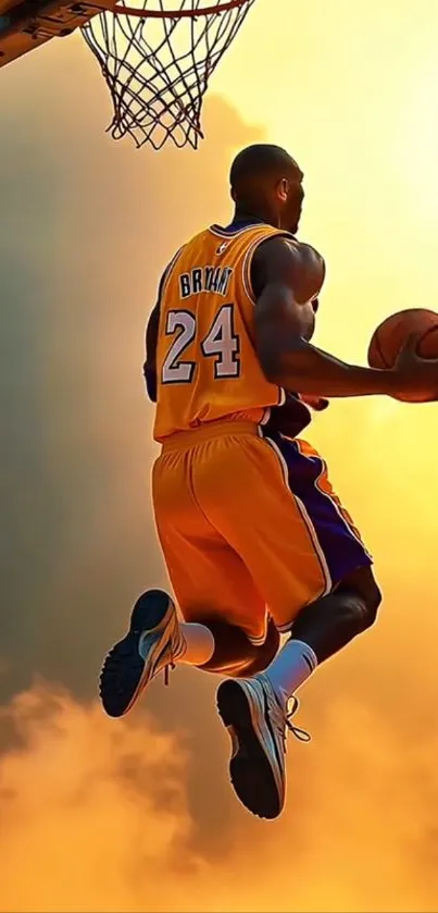 Basketball player performing a dynamic dunk against a golden sky.