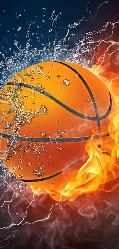 Basketball with flames and water splashes as wallpaper.