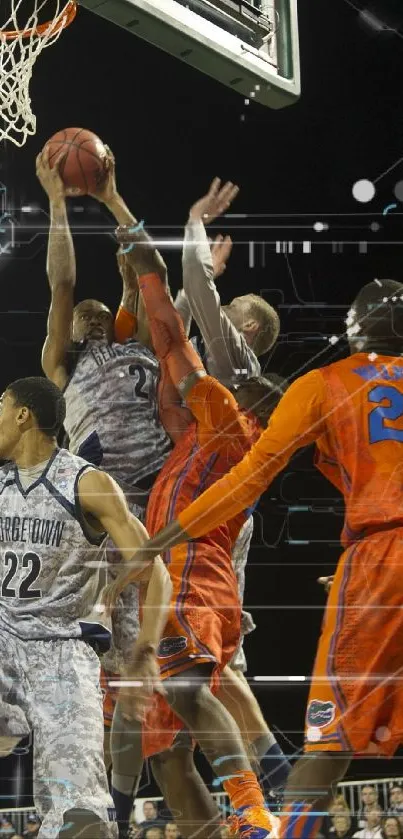 Basketball players in dynamic game action, leaping towards the hoop.