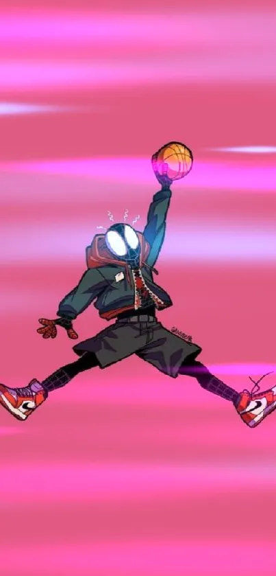 Superhero jumping with basketball on pink background.