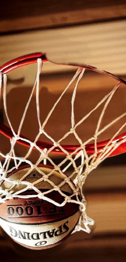 Basketball going through hoop with net, capturing action in the game.