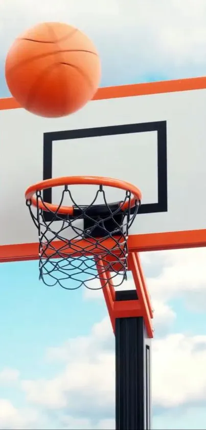 Basketball approaching hoop against a blue sky.