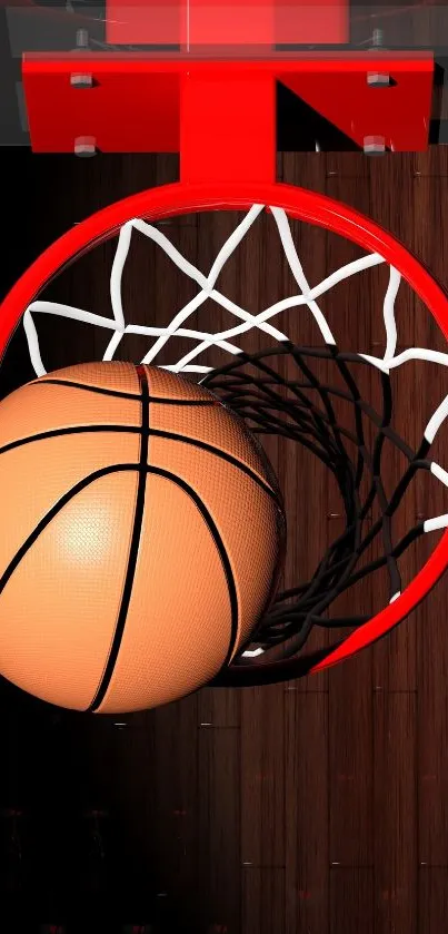 Basketball entering hoop on vibrant court wallpaper.