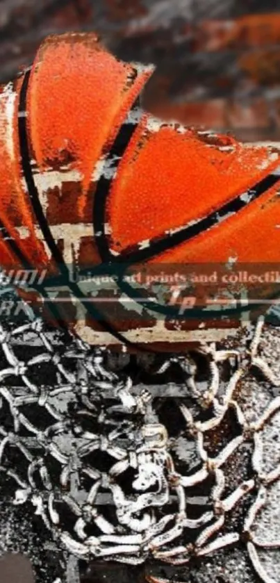 Orange basketball swishing through a hoop, dynamic sports action wallpaper.