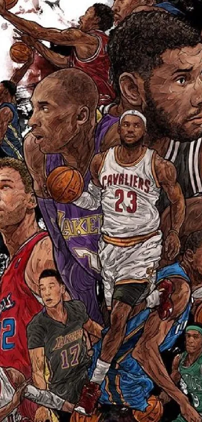 Artistic collage of legendary basketball players in dynamic action.