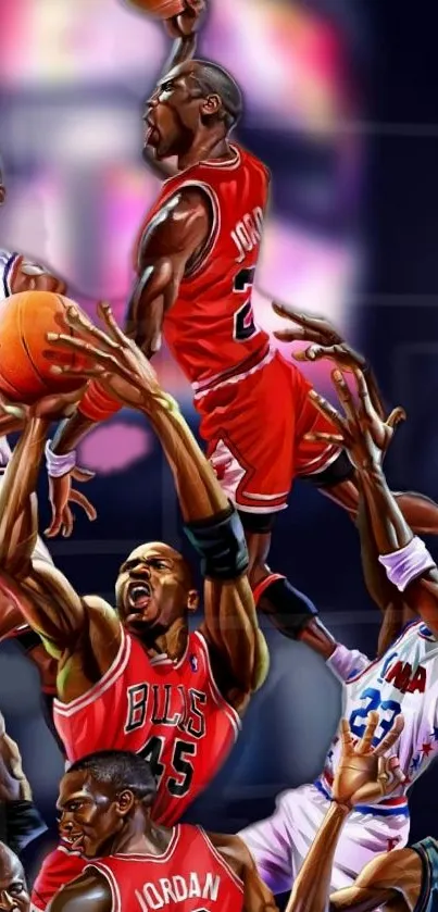 Dynamic artwork of legendary basketball players in action.