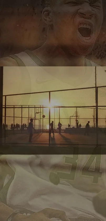 Energetic basketball scene with sunset and player excitement.