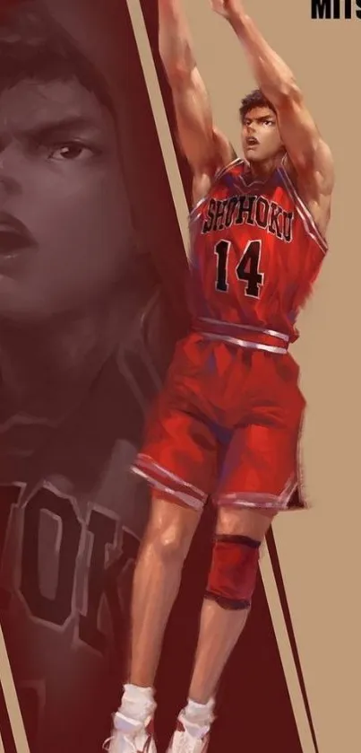 Basketball player in red jersey jumping dynamically.