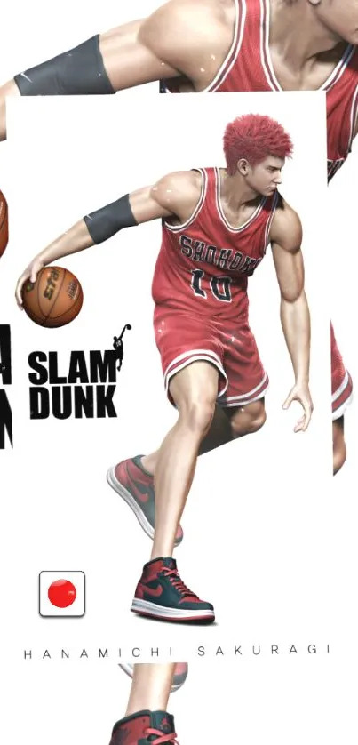 Vibrant basketball player in red jersey jumping and dribbling a ball.