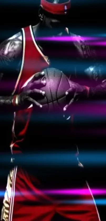 Basketball player in red jersey on dark background, holding a basketball with focus and intensity.