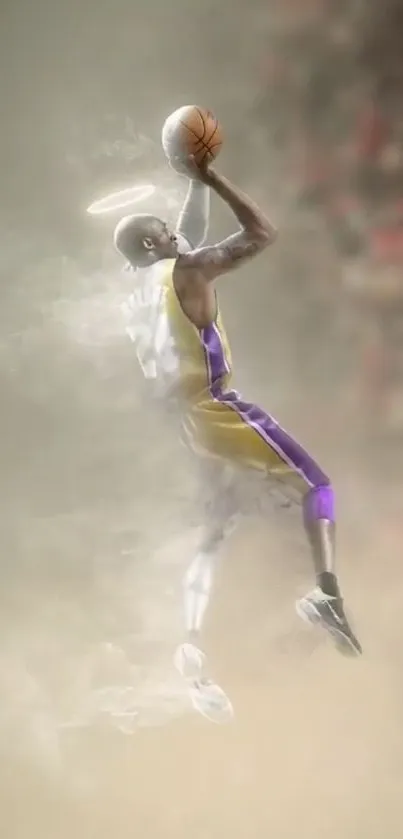 High-flying basketball player with halo effect in motion.