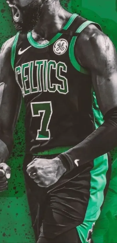 Dynamic side profile of a basketball player with a green themed background.