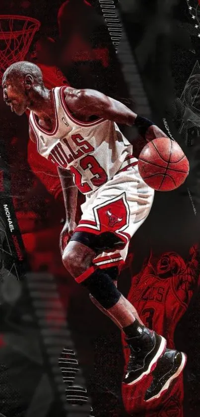 Dynamic basketball player themed wallpaper in vibrant red tones.