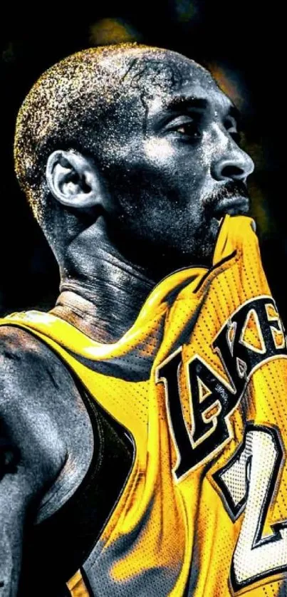 Dynamic basketball player in yellow jersey intense focus.