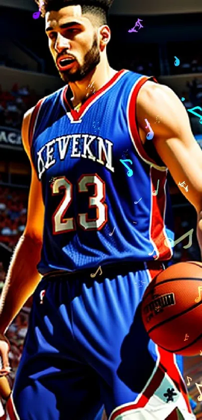 Basketball player holding ball on court, vibrant colors.