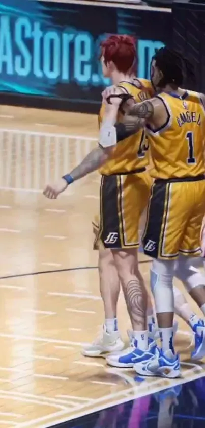 Basketball players in yellow jerseys embrace on court.