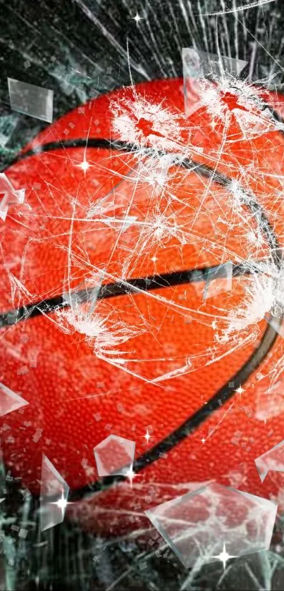 Orange basketball shattering glass background.