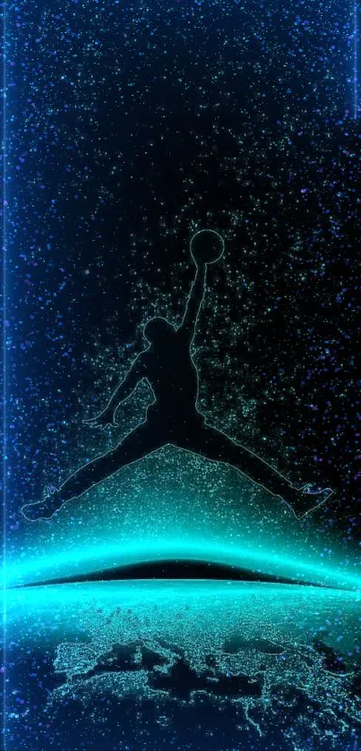 Dynamic silhouette of a basketball player against a blue, starry background.