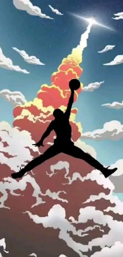 Basketball silhouette against vibrant cloud sky.