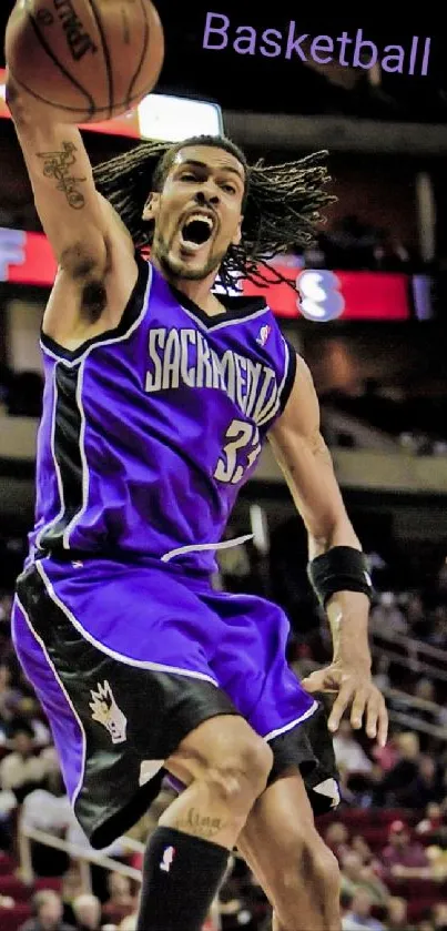 Basketball player performing a slam dunk in a dynamic game scene.