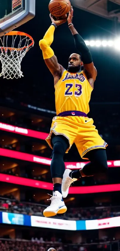 Basketball player in mid-air dunk wearing yellow jersey.