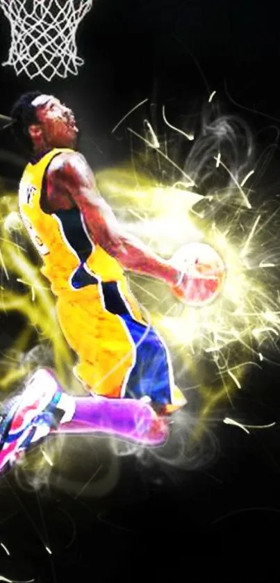 Basketball player performing slam dunk on vibrant background.