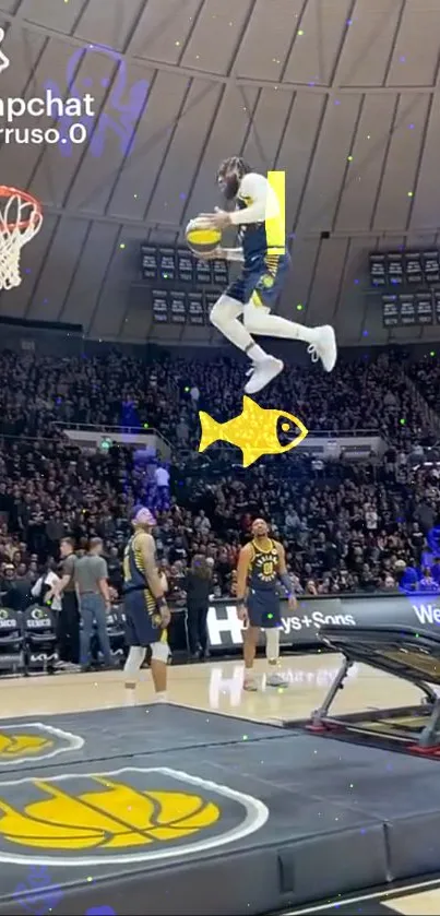 Slam dunk action at basketball game with vibrant colors.