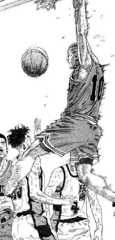Anime-style basketball slam dunk illustration in black and white.