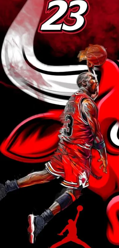 Dynamic basketball player dunking with vibrant red backdrop.