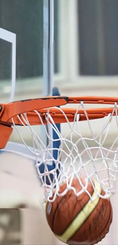 Basketball swishing through a hoop with net in a dynamic action shot.