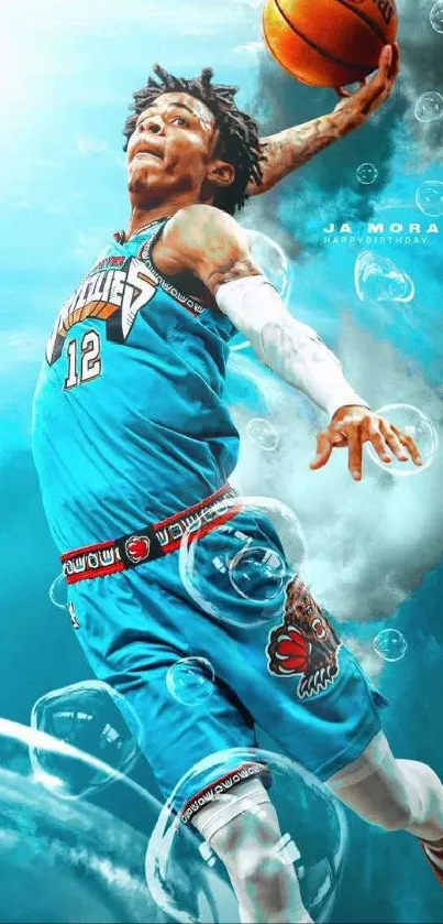 Vibrant basketball player dunking in blue tones.