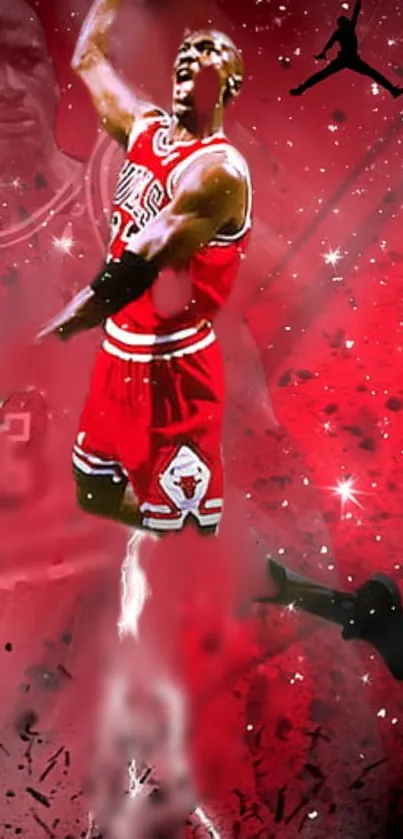 Energetic basketball art with red theme and starry background.