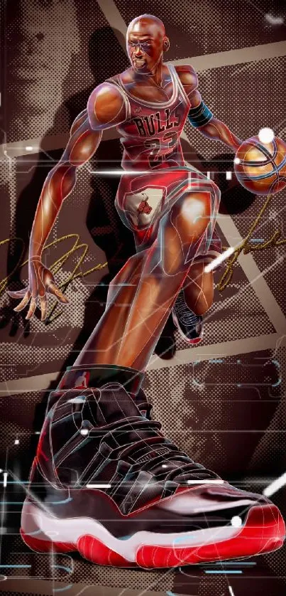 Basketball star artwork with sneakers and vibrant red accents.