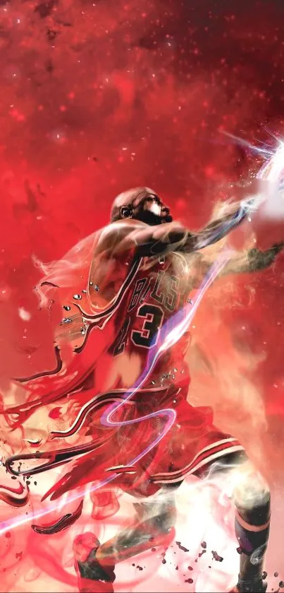 Dynamic basketball player in red with vibrant energy swirls.