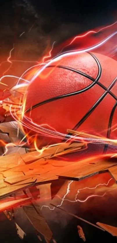 Fiery basketball shattering wooden court in dynamic wallpaper.