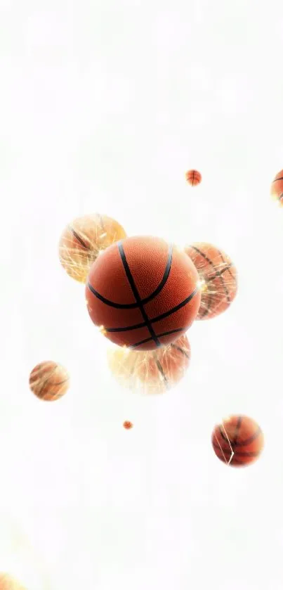 Dynamic wallpaper with floating basketballs and a sleek white background.