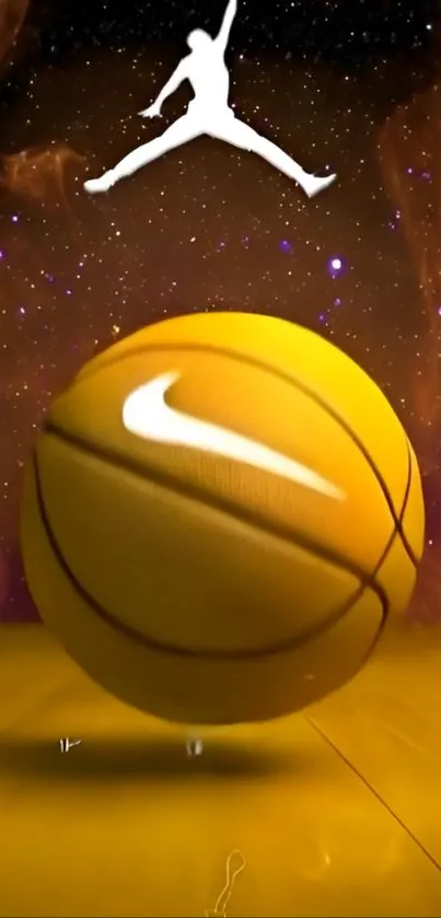 Yellow basketball with Nike logo and athlete silhouette on cosmic background.