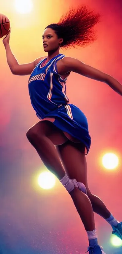 Basketball player in action with vibrant background art.