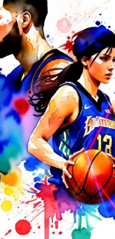 Vibrant watercolor art of two basketball players with colorful splashes.