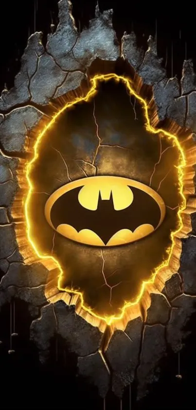 Batman emblem glowing on cracked surface background.