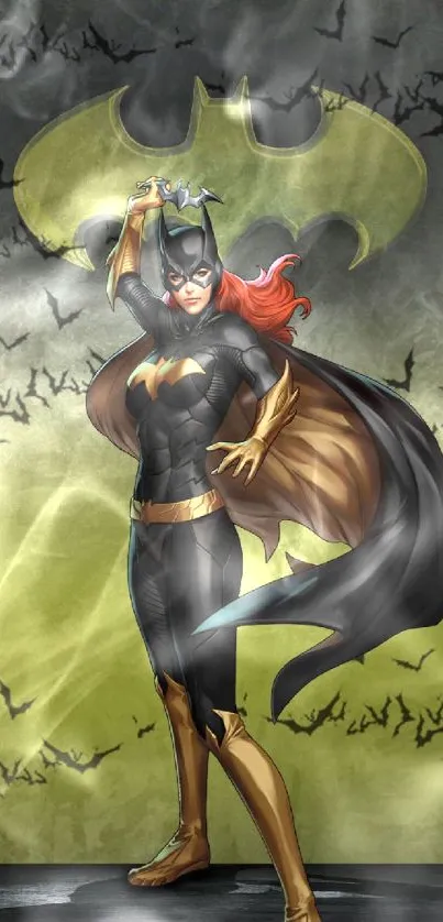 Batgirl stands heroically against a bat-themed backdrop.