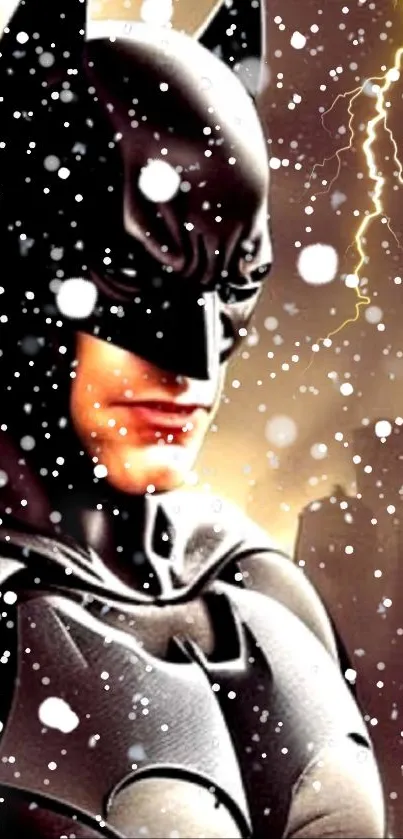 Dramatic Batman wallpaper with snow and lightning in Gotham.