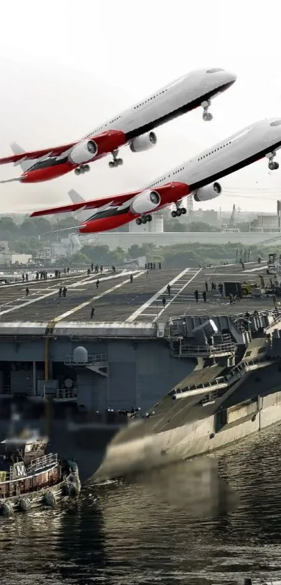 Jet planes soar over a massive aircraft carrier in dramatic military scene.