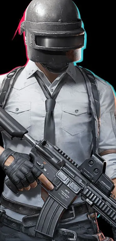 Helmeted warrior holding a rifle with dynamic gaming design.