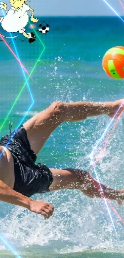 Man performing a bicycle kick at the beach with a colorful ball.